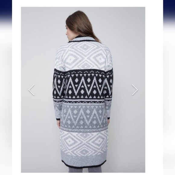 NWT Long Printed Knitted Aztec Geometric pattern Cardigan Black Gray - Picture 3 of 11